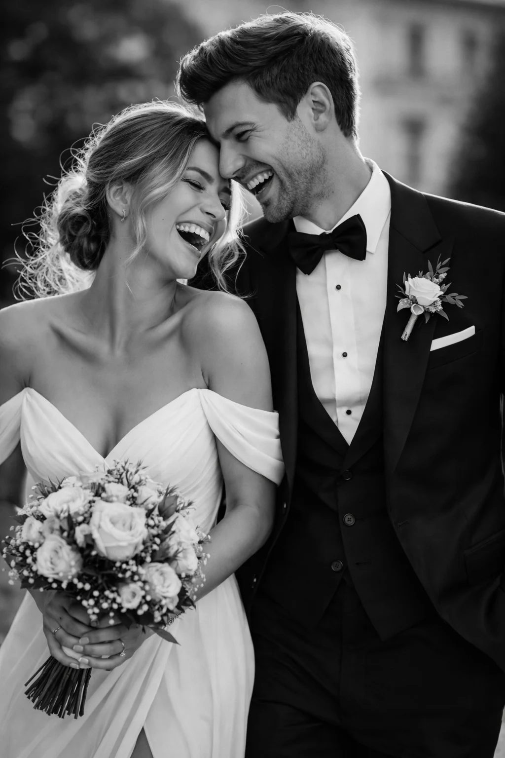 Para młoda śmiejąca się naturalnie podczas sesji ślubnej w stylu editorial, elegancki reportaż ślubny Warszawa, panna młoda w sukni i pan młody w garniturze, Fotografia Ślubna - Weddatelier