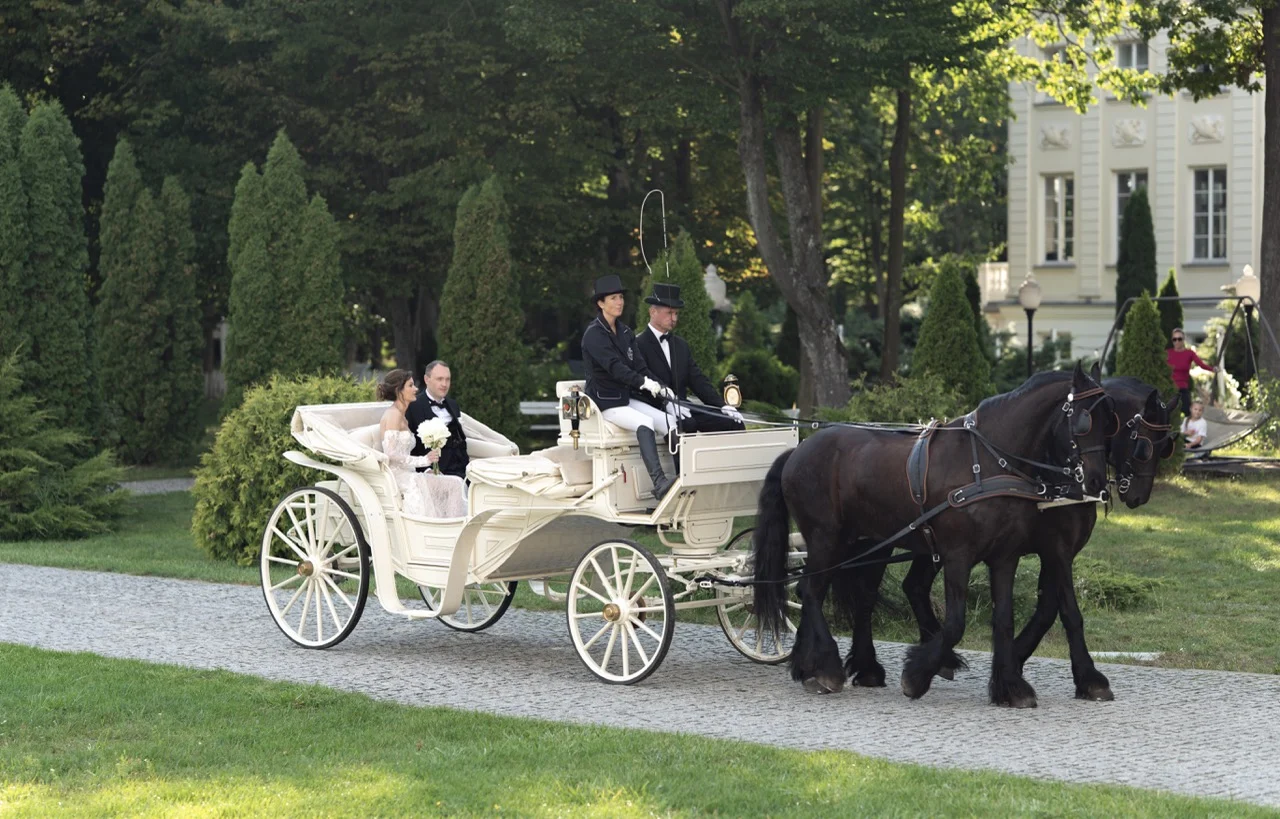 Fotograf ślubny WeddAtelier.com 59 Kareta z parą młodą przejeżdża przez park przed Pałacem Alexandrinum – film ślubny WeddAtelier